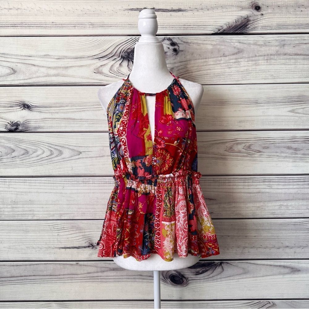 Rachel Zoe Multicolored Patchwork Floral Paisley Peplum Cutout Halter Top